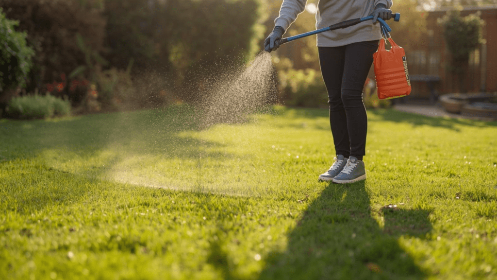 organic lawn care treatment on healthy green lawn